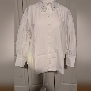 Zara Classic Peter Pan Collar White Blouse with Embellishments and Pearls